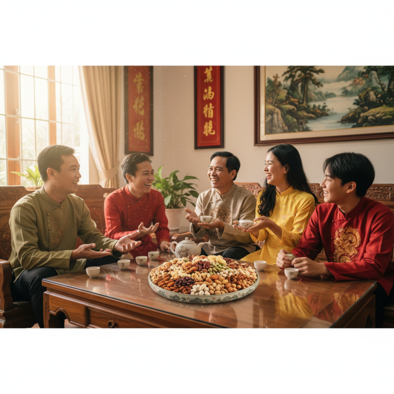 Một gia đình Việt Nam hạnh phúc đang ngồi quây quần bên bàn trà, cùng nhau thưởng thức các loại hạt dinh dưỡng thay vì chỉ ăn bánh kẹo, không khí ấm cúng.