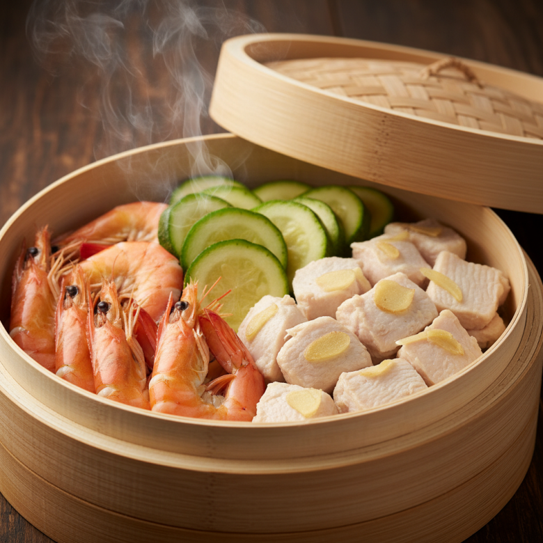 Hình ảnh nồi hấp tre đang mở nắp, khói bốc lên nghi ngút, bên trong là các món ăn đầy màu sắc như tôm hấp, bí xanh và thịt gà, tạo cảm giác ấm cúng và ngon miệng.