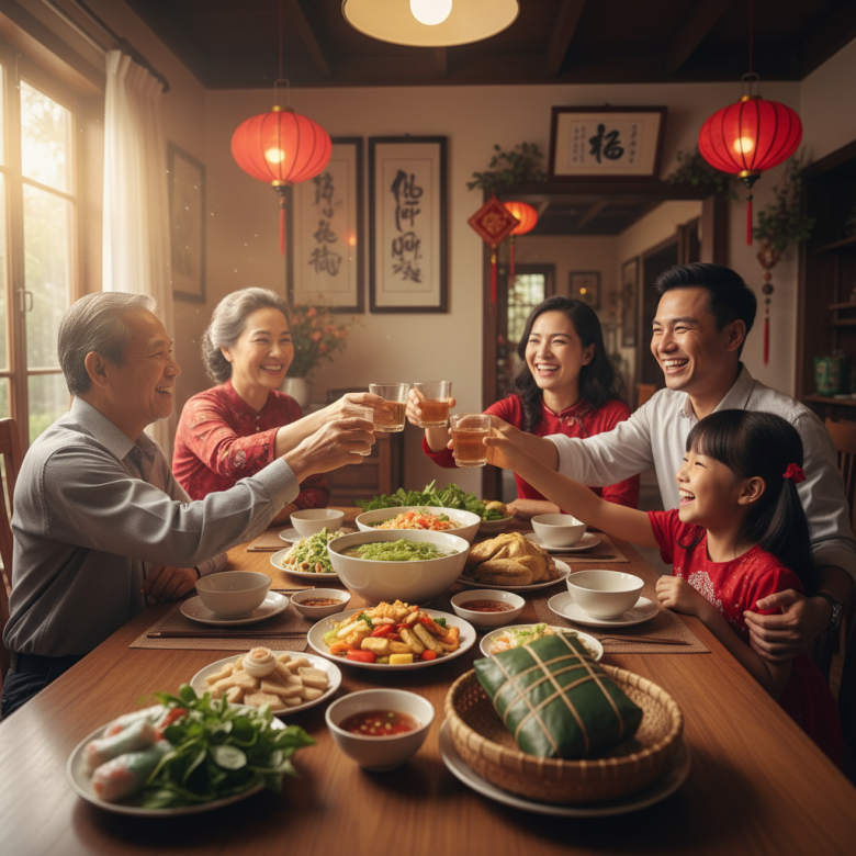 Gia đình Việt Nam 3 thế hệ vui vẻ quây quần bên mâm cơm Tết, nâng ly nước trà/nước lọc chúc mừng sức khỏe.