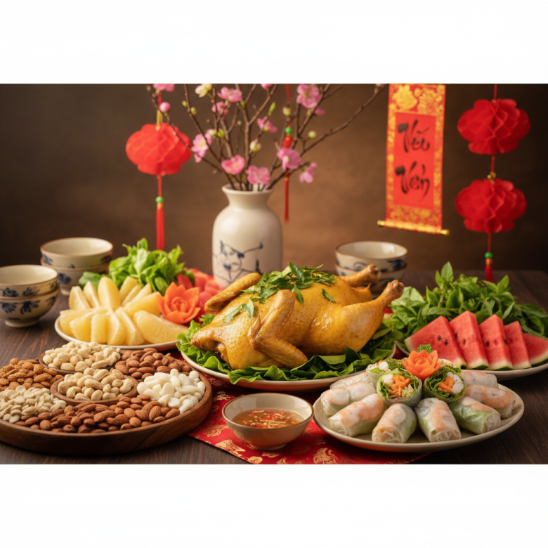 Mâm cỗ Tết lành mạnh với gà luộc, gỏi cuốn tươi ngon và các loại hạt, thay thế cho giò chả và bánh kẹo ngọt, trang trí ấm cúng phong cách Việt Nam.