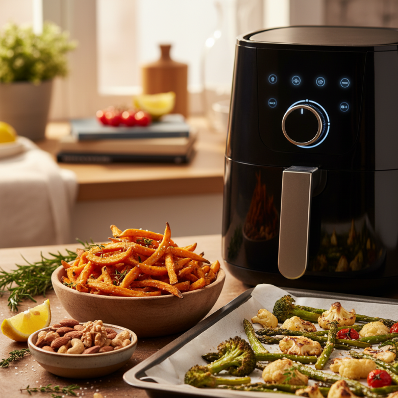 Các loại rau củ và thực phẩm lành mạnh được chế biến bằng nồi chiên không dầu hoặc nướng lò, trông giòn ngon và hấp dẫn, thay thế cho đồ chiên ngập dầu.