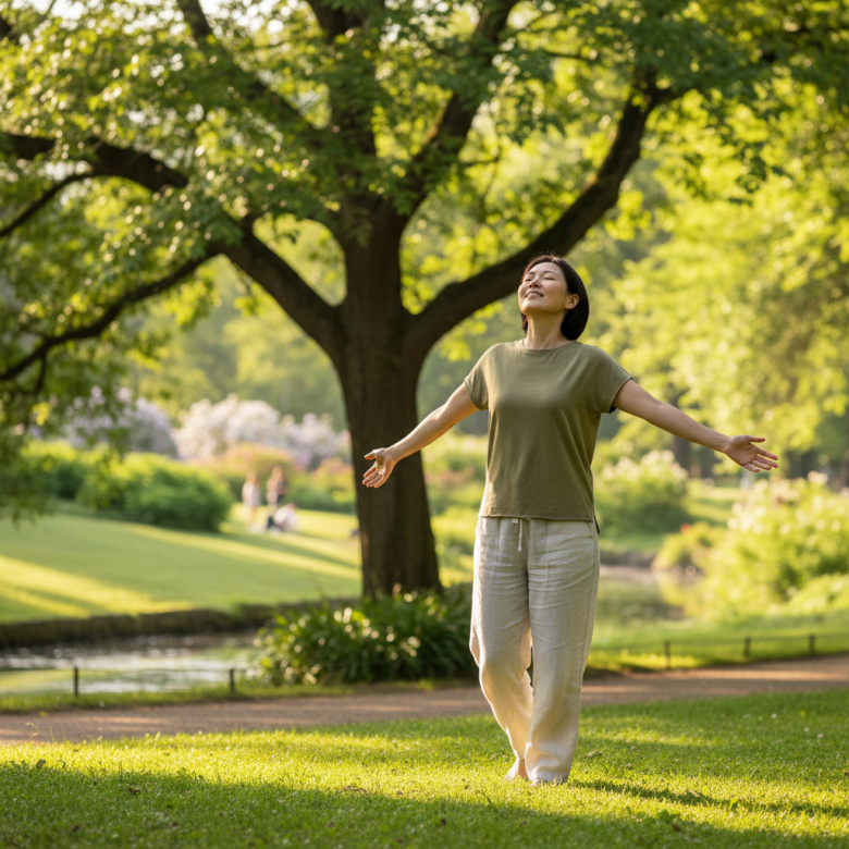 Một người đi dạo nhẹ nhàng trong công viên xanh mát, hít thở sâu, vẻ mặt thư giãn và hạnh phúc.