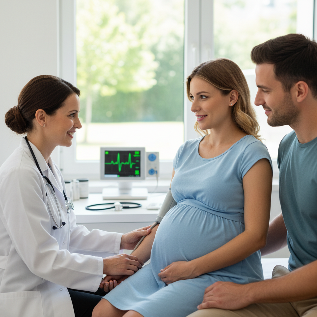 Bác sĩ kiểm tra sức khỏe tim mạch cho phụ nữ mang thai tại phòng khám