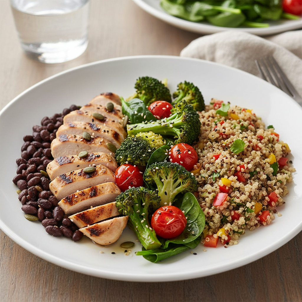 Đĩa ăn cân bằng với các nguồn protein, rau và ngũ cốc.