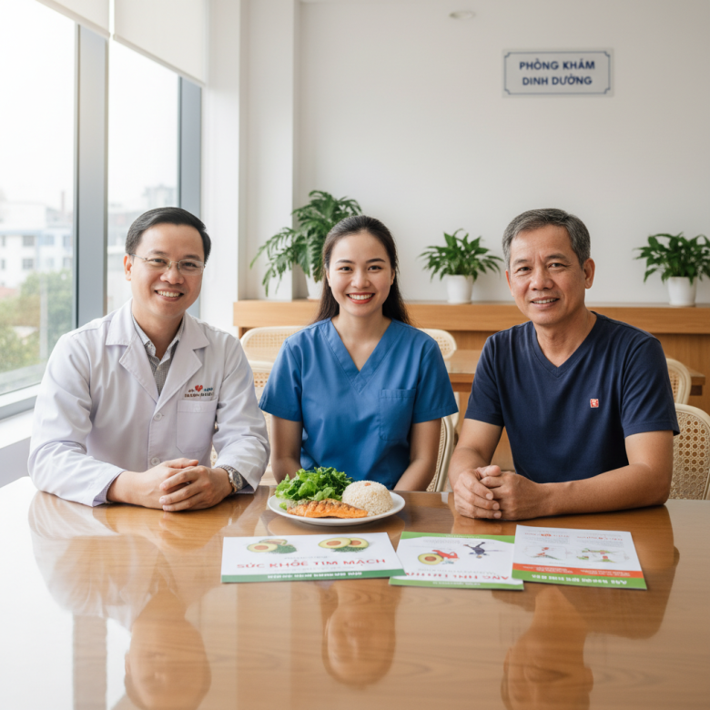 Bs và chuyên gia dinh dưỡng tư vấn cho bệnh nhân tim mạch về khẩu phần ăn cân bằng (TPHCM).