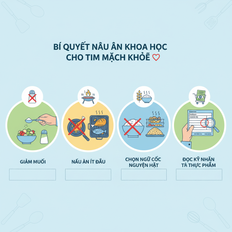 Infographic mẹo nấu ăn giảm muối và chọn thực phẩm lành mạnh cho bệnh nhân tim mạch.
