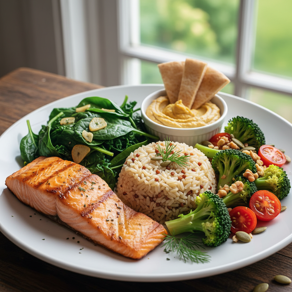 Bữa ăn cân bằng với protein, rau và ngũ cốc, nhấn mạnh sức khỏe tim mạch.