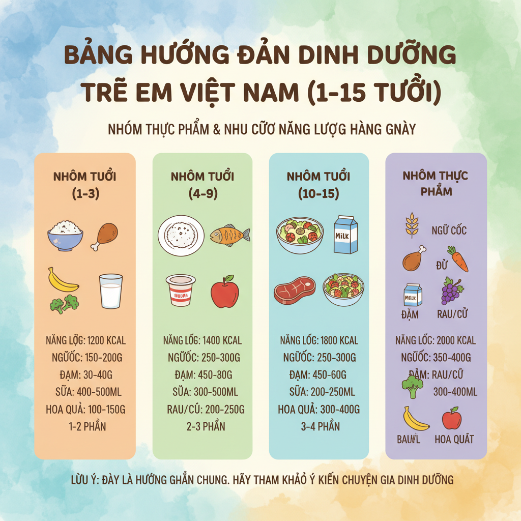 Biểu đồ hướng dẫn dinh dưỡng cho trẻ em từ 1-15 tuổi tại Việt Nam.