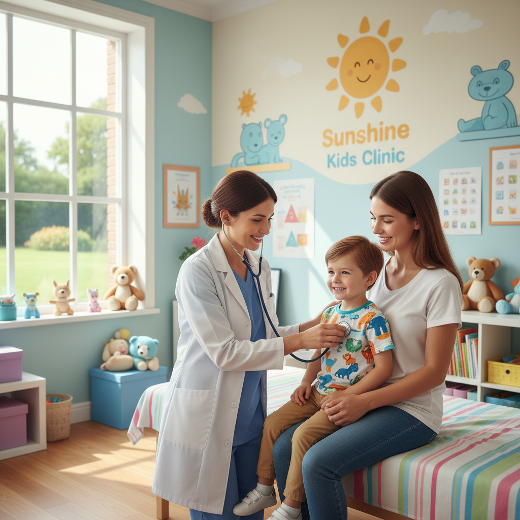 Bác sĩ thăm khám sức khỏe cho trẻ em trong một phòng khám sáng sủa.