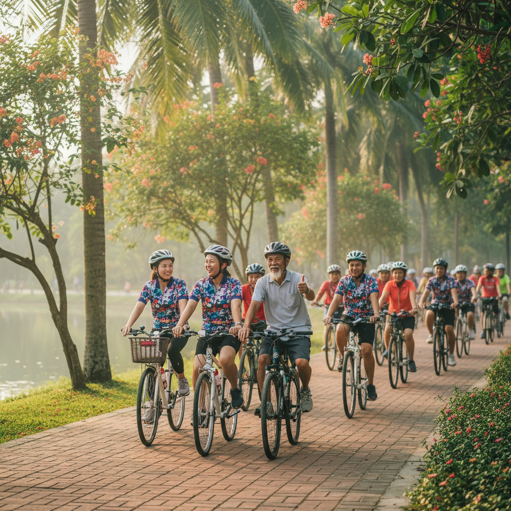 Mọi người đạp xe trong công viên, thể hiện niềm vui và lợi ích sức khỏe của việc đạp xe.