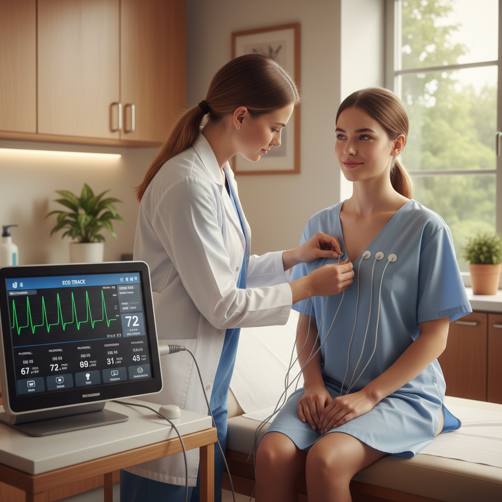 Bệnh nhân trẻ được làm điện tâm đồ (ECG) trong phòng khám hiện đại