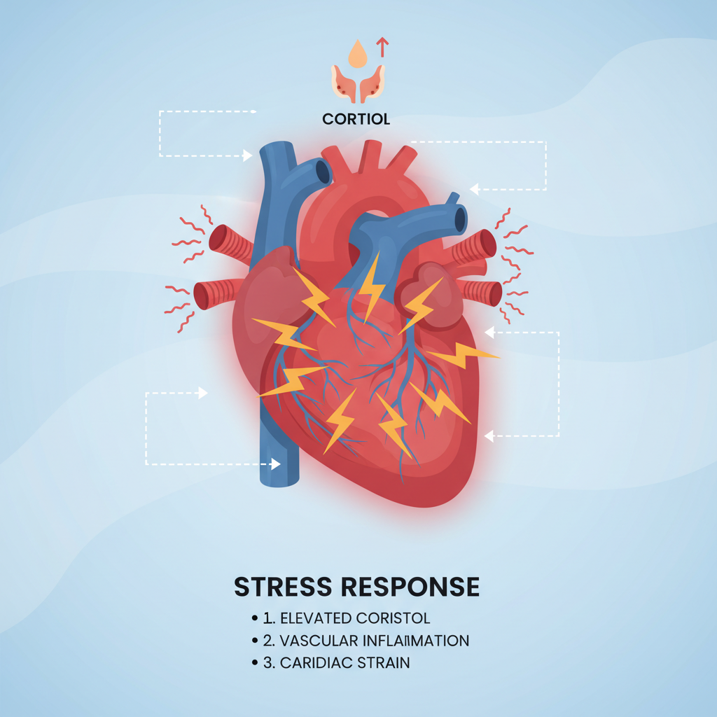 Minh họa trái tim với các chỉ dấu tác động của stress: cortisol, viêm mạch