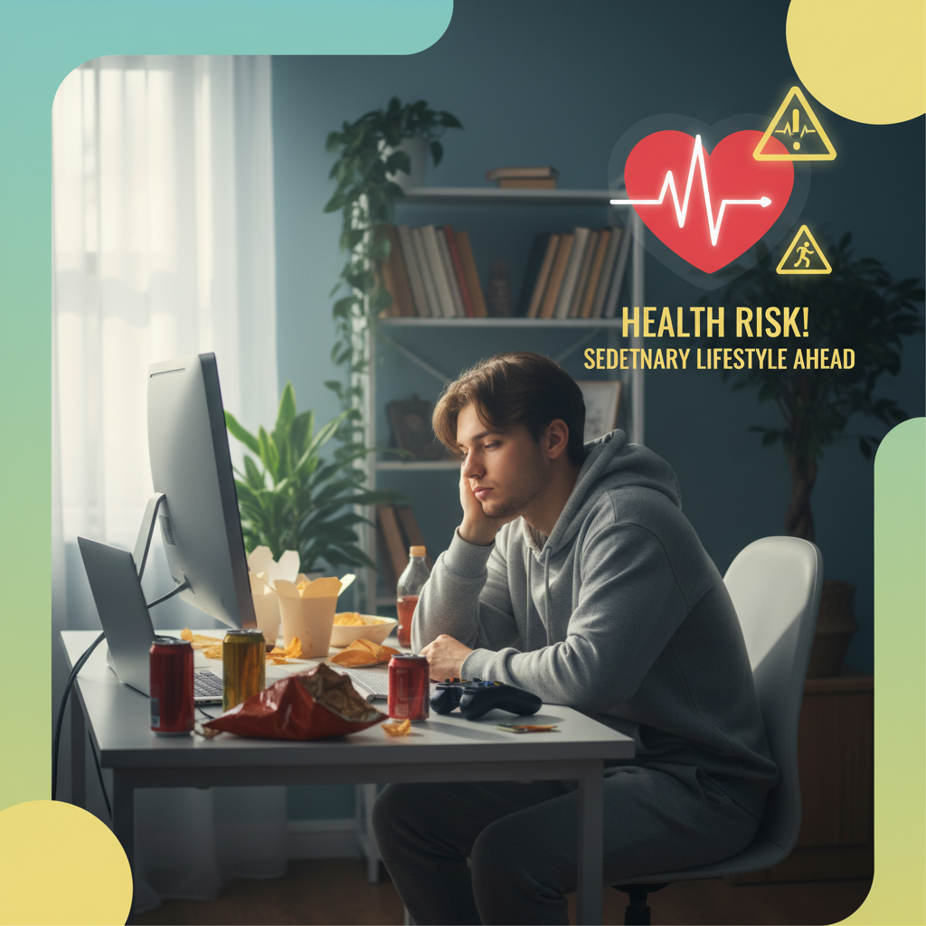 Người trẻ ngồi làm việc ít vận động, biểu tượng tim cảnh báo