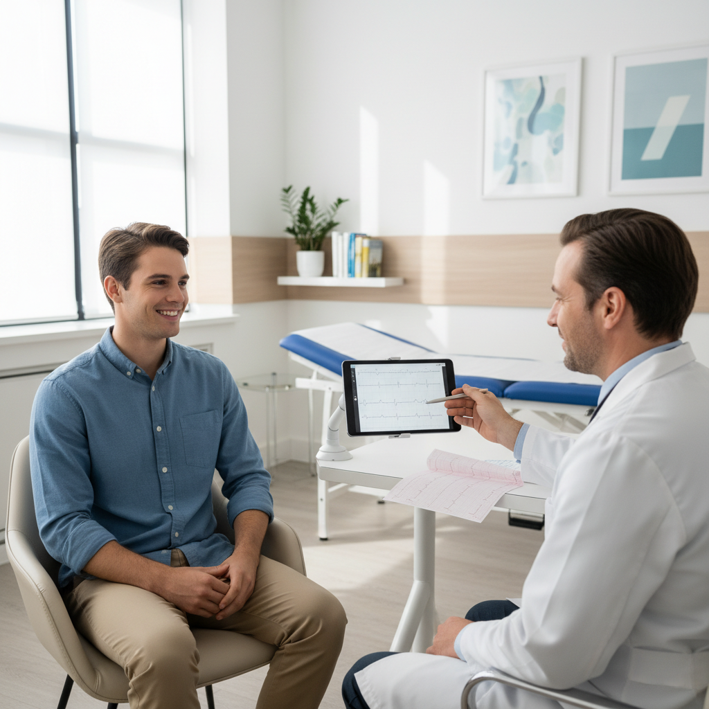 Bác sĩ tim mạch giải thích kết quả ECG cho người trẻ tại phòng khám