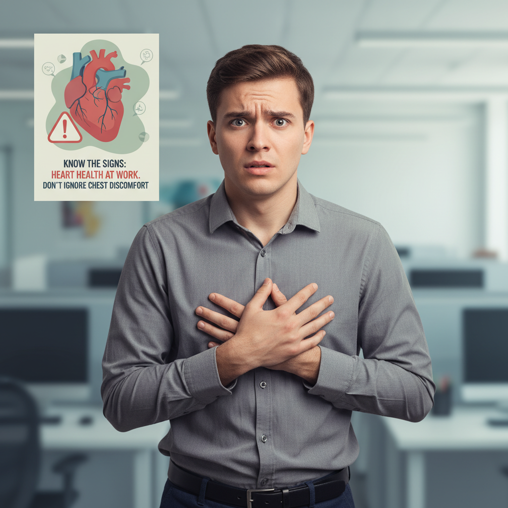 Người trẻ cảm thấy khó chịu vùng ngực tại nơi làm việc (minh họa dấu hiệu cần lưu ý)