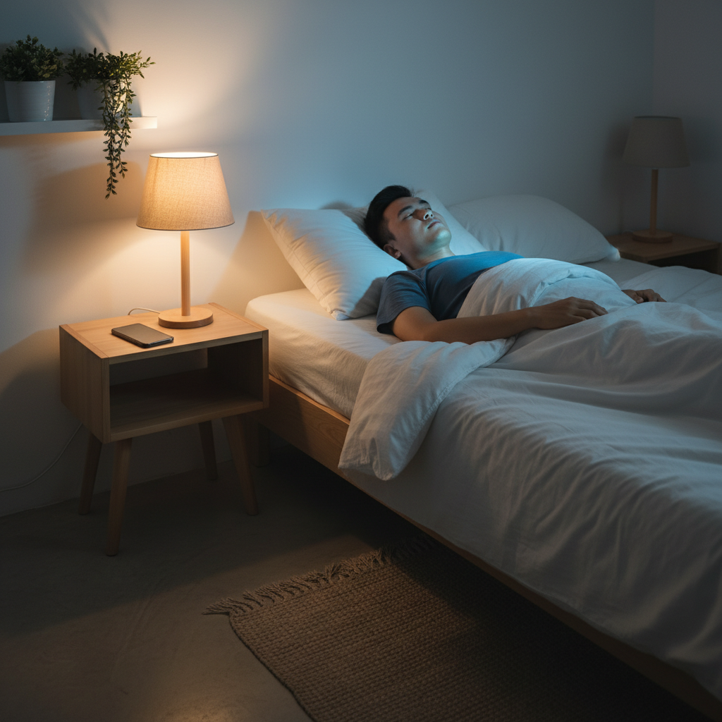 Người trẻ nằm trên giường khó ngủ, ánh sáng điện thoại làm ảnh hưởng giấc ngủ