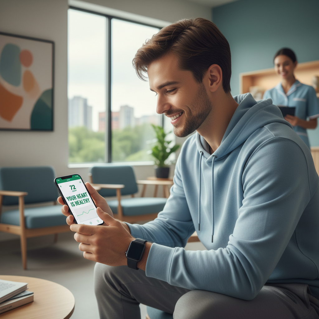 Người trẻ đeo smartwatch kiểm tra nhịp tim trên điện thoại