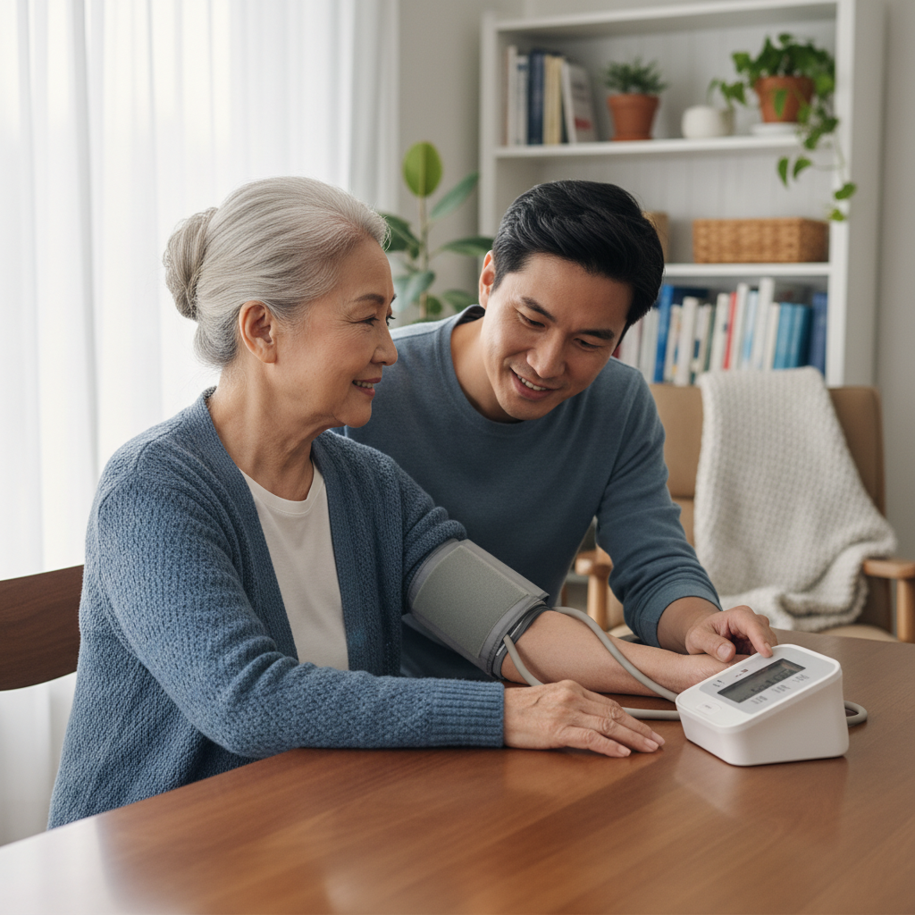 Người cao tuổi đang đo huyết áp tại nhà bằng máy đo bắp tay, người thân hỗ trợ