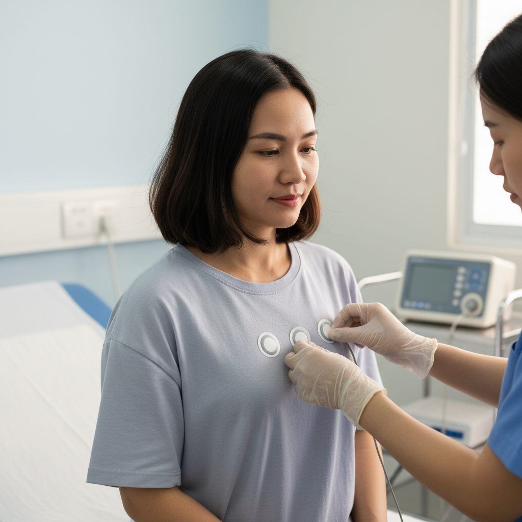 Kỹ thuật viên dán điện cực ECG cho bệnh nhân trong phòng khám