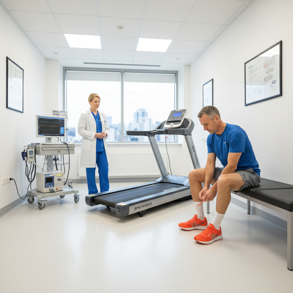 Bệnh nhân mặc đồ thể thao chuẩn bị cho thử gắng sức trên máy chạy dây tại phòng khám tim mạch