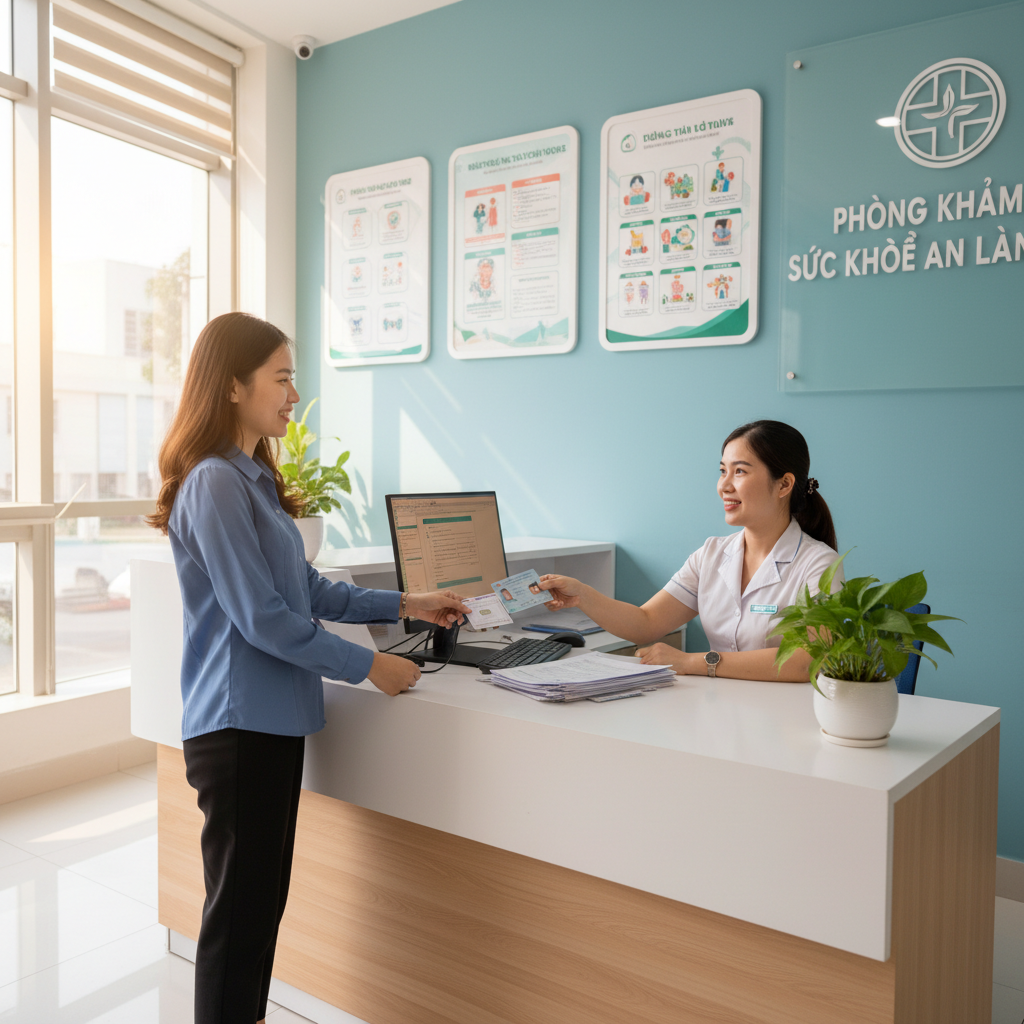 Bệnh nhân giao giấy tờ và kết quả khám cũ tại quầy tiếp đón phòng khám tim mạch