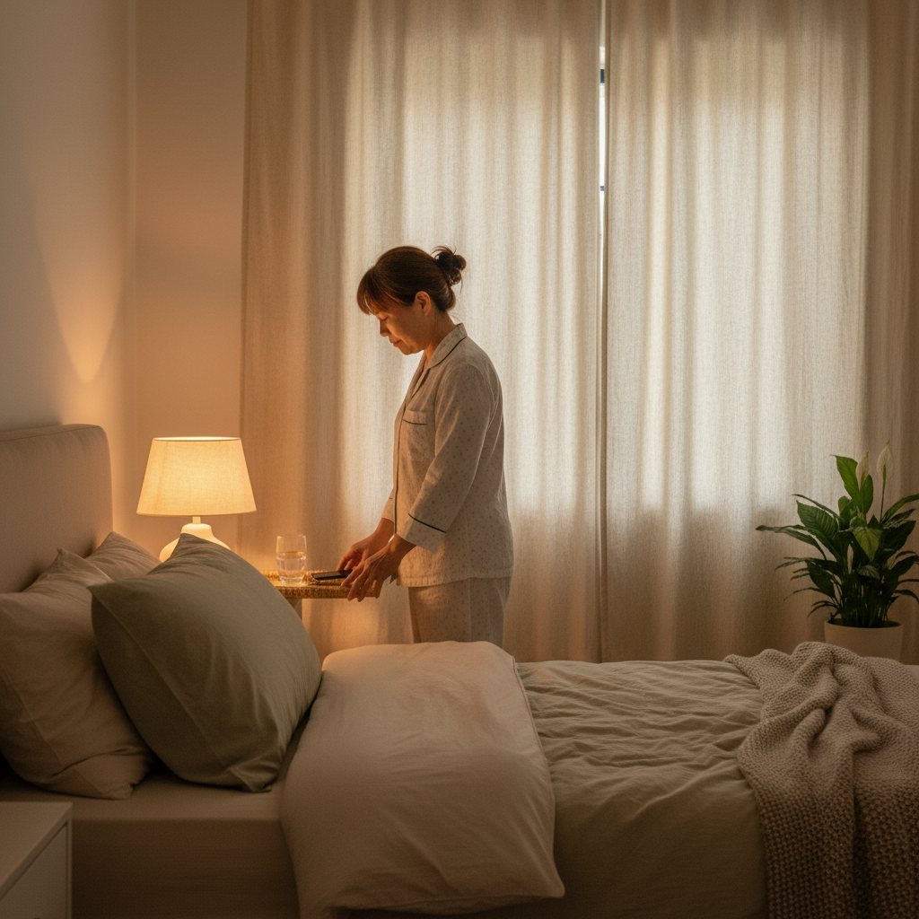 Người trưởng thành chuẩn bị đi ngủ trong phòng tối, yên tĩnh, không dùng điện thoại