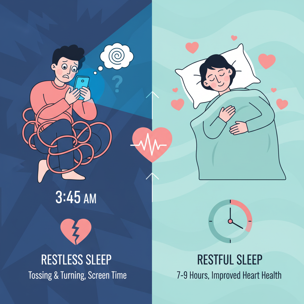 So sánh giấc ngủ kém và giấc ngủ tốt cùng biểu tượng trái tim khỏe mạnh