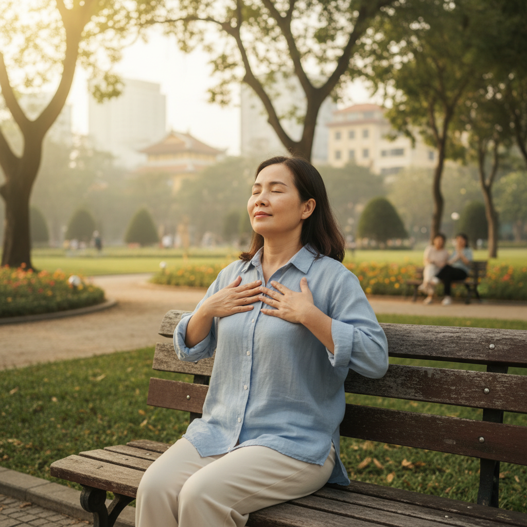 Người trưởng thành ở Việt Nam ngồi trong công viên thực hành hít thở sâu, ánh sáng buổi sáng nhẹ nhàng