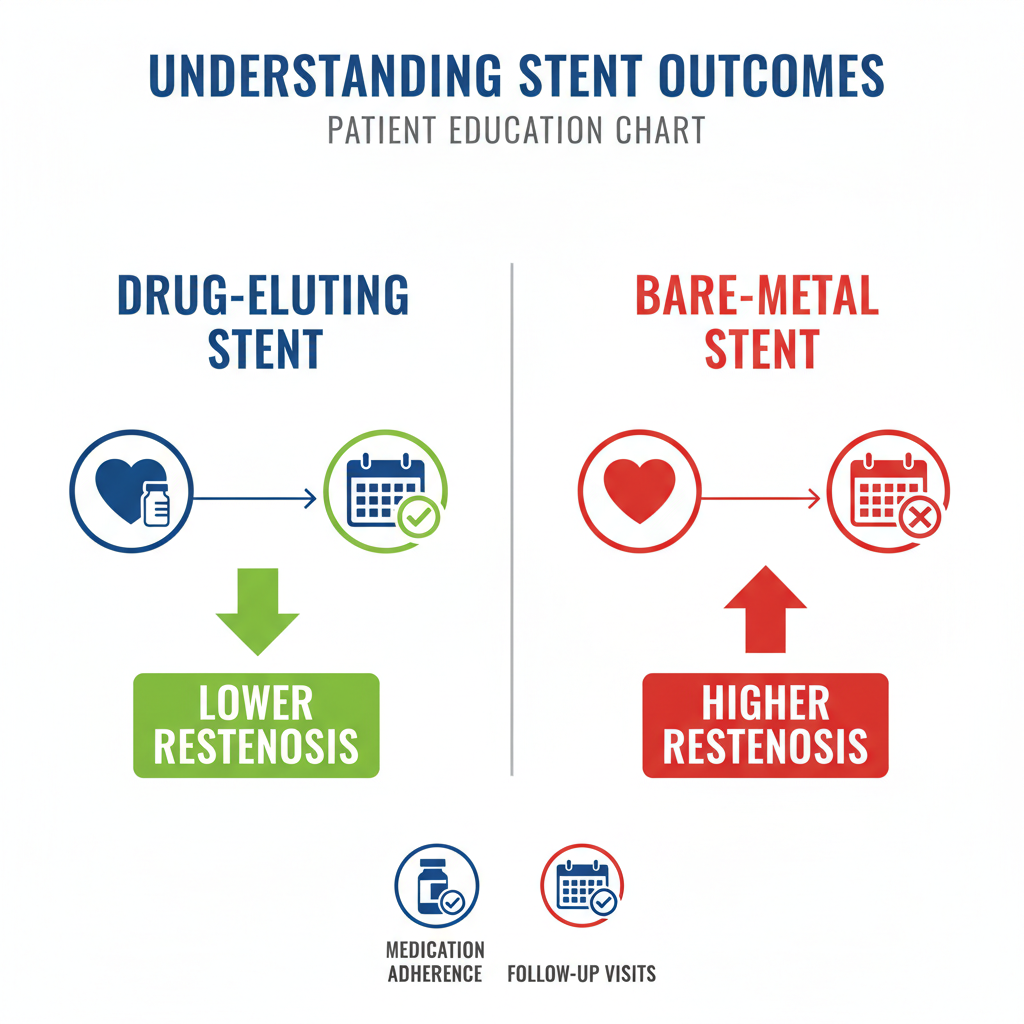Biểu đồ minh họa hiệu quả và nguy cơ tái hẹp giữa các loại stent, kèm nhắc nhở tuân thủ thuốc và tái khám.