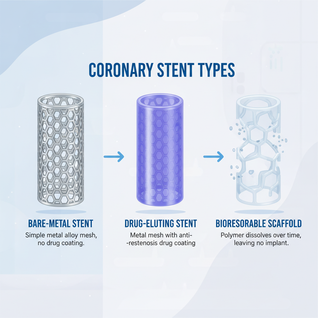 So sánh hình ảnh các loại stent: kim loại trần, phủ thuốc và phân hủy, minh họa dễ hiểu cho bệnh nhân.
