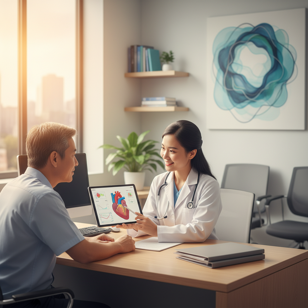 Bác sĩ tim mạch tư vấn cho bệnh nhân trung niên về kết quả kiểm tra sức khỏe tim mạch.