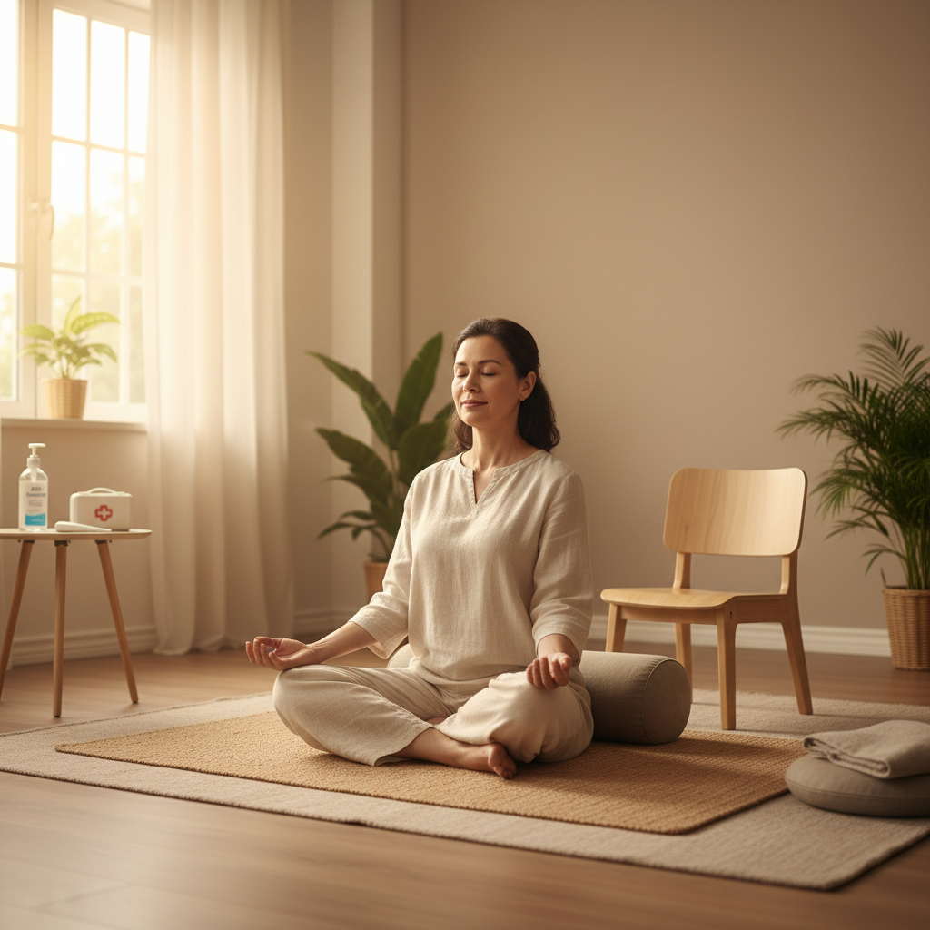 Người trung niên tập thở pranayama nhẹ nhàng trên thảm yoga, có ghế và gối tựa