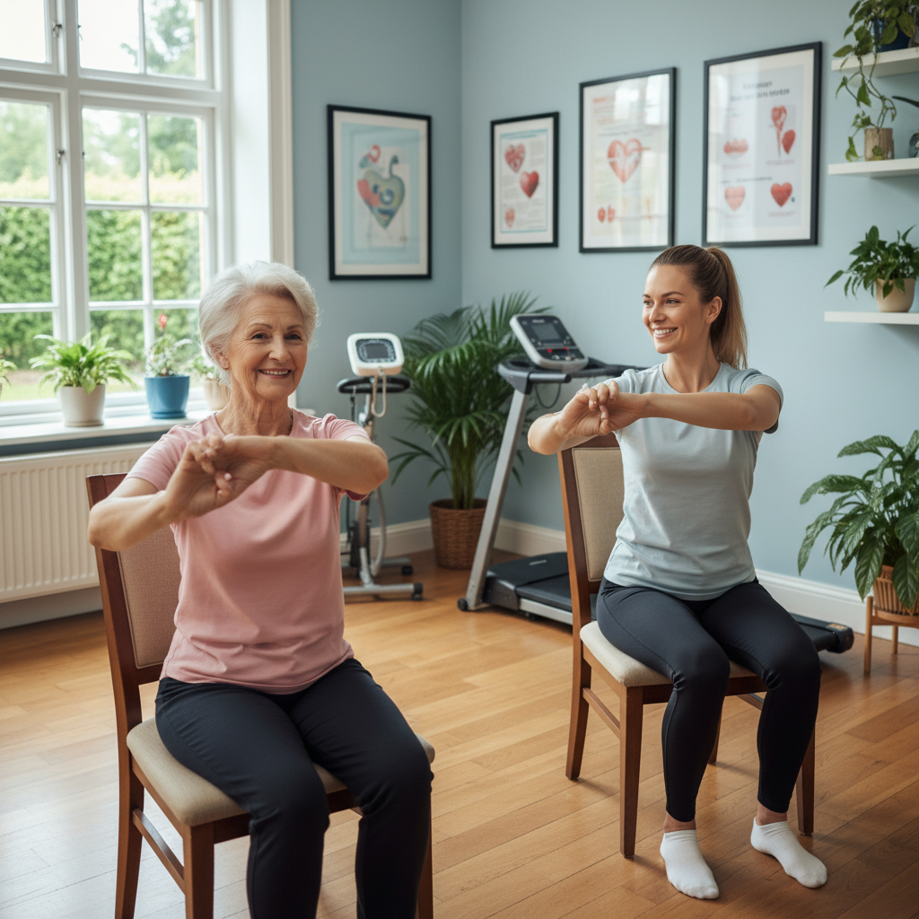 Bệnh nhân lớn tuổi tập yoga trên ghế cùng huấn luyện viên trong phòng khám sáng sủa
