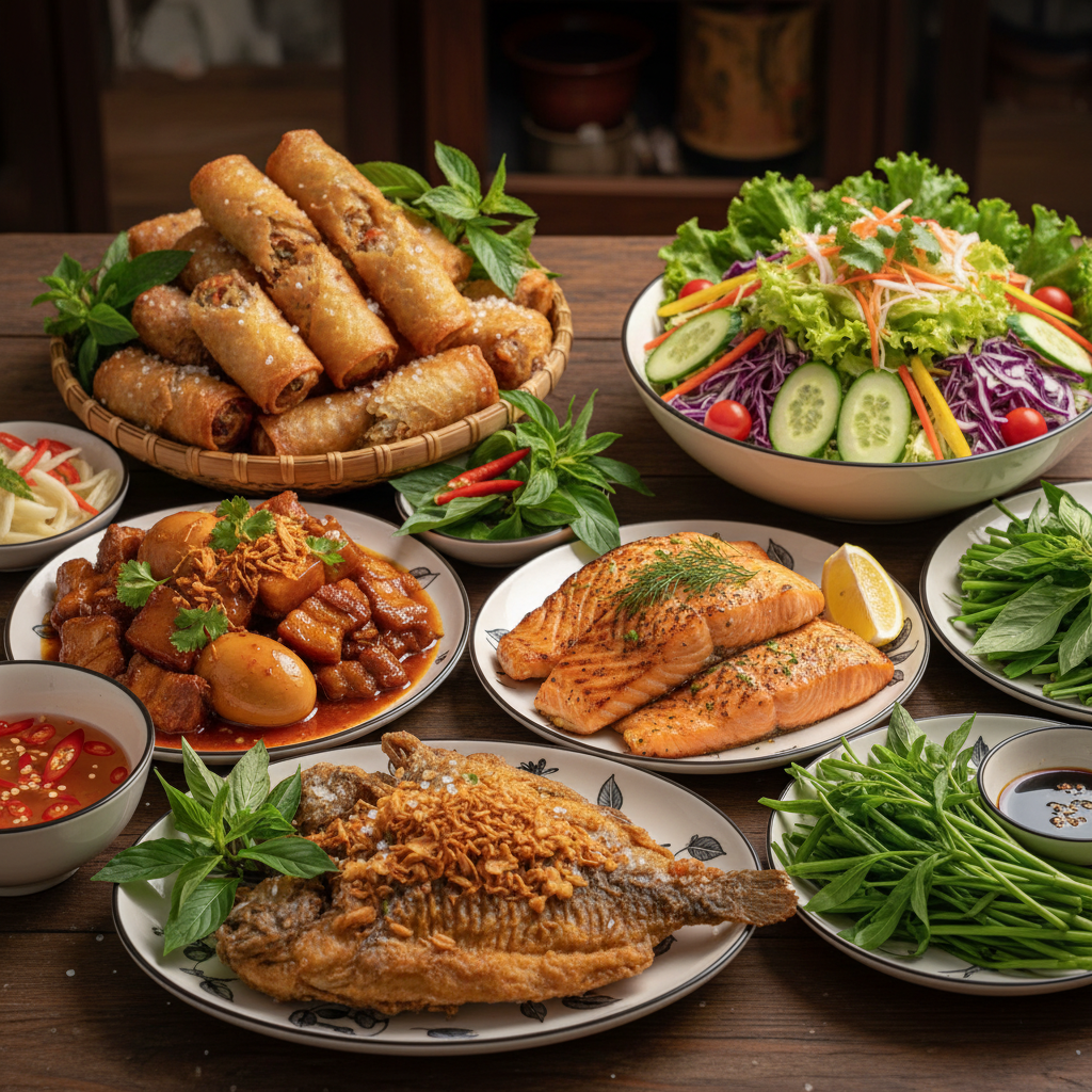 So sánh món ăn truyền thống nhiều muối/dầu mỡ và lựa chọn ăn uống lành mạnh cho tim mạch