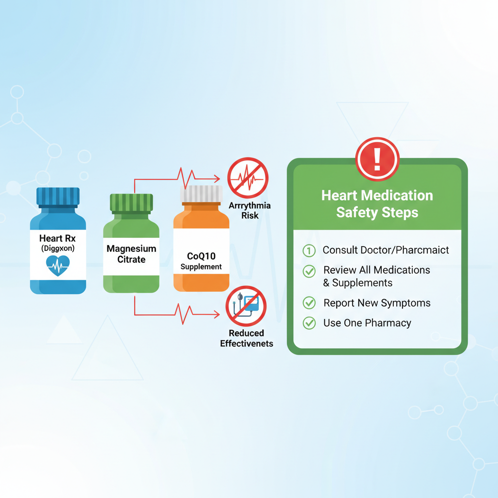 Minh họa infographic: thuốc tim và thực phẩm chức năng có biểu tượng cảnh báo và checklist an toàn