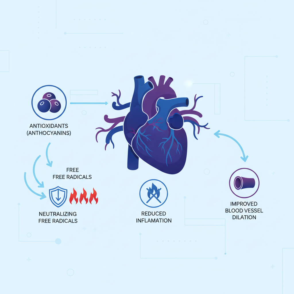 Minh hoạ anthocyanin bảo vệ tim mạch: giảm viêm, trung hòa gốc tự do, giãn mạch.