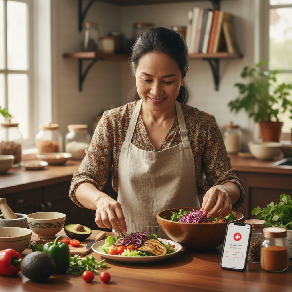 Người phụ nữ chuẩn bị bữa ăn có rau củ tím, hiện bảng liên hệ bác sĩ trên điện thoại.