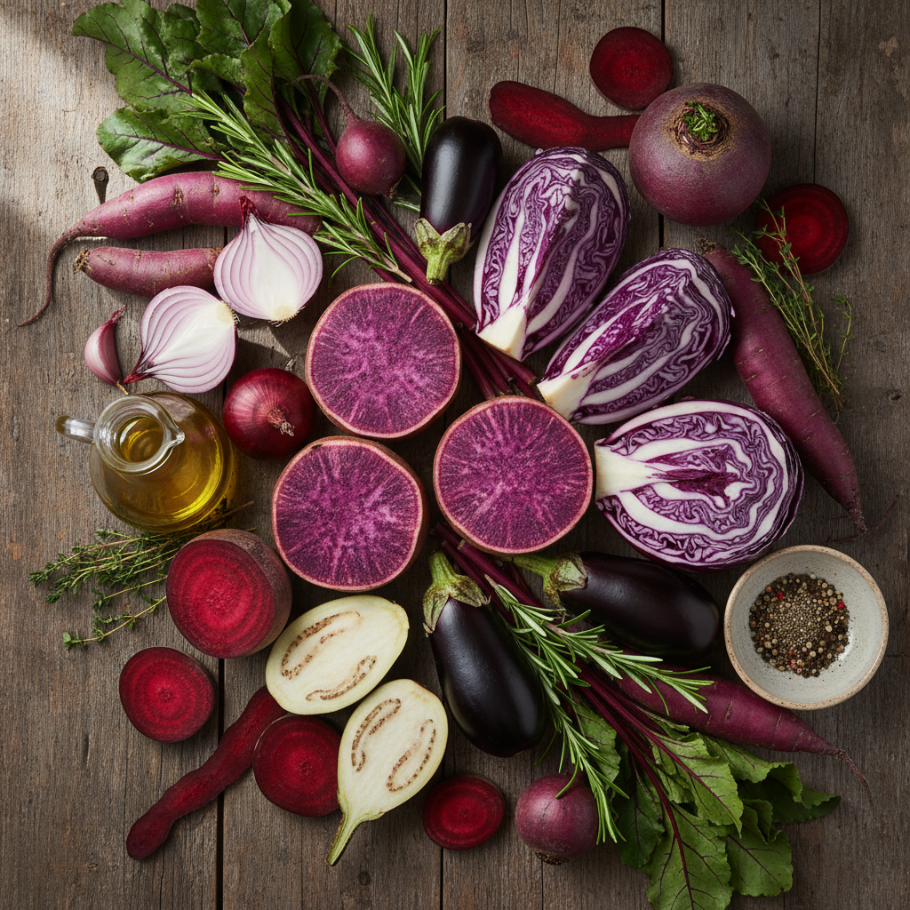 Bảng các loại rau củ màu tím: khoai lang tím, cà tím, bắp cải tím, hành tím, củ dền.