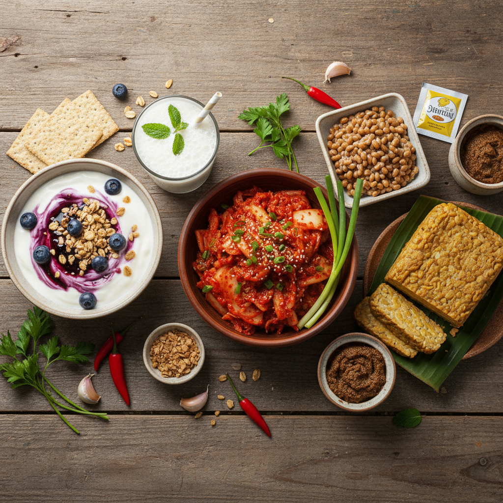 Các loại thực phẩm lên men: sữa chua, kefir, kimchi, natto, tempeh, miso