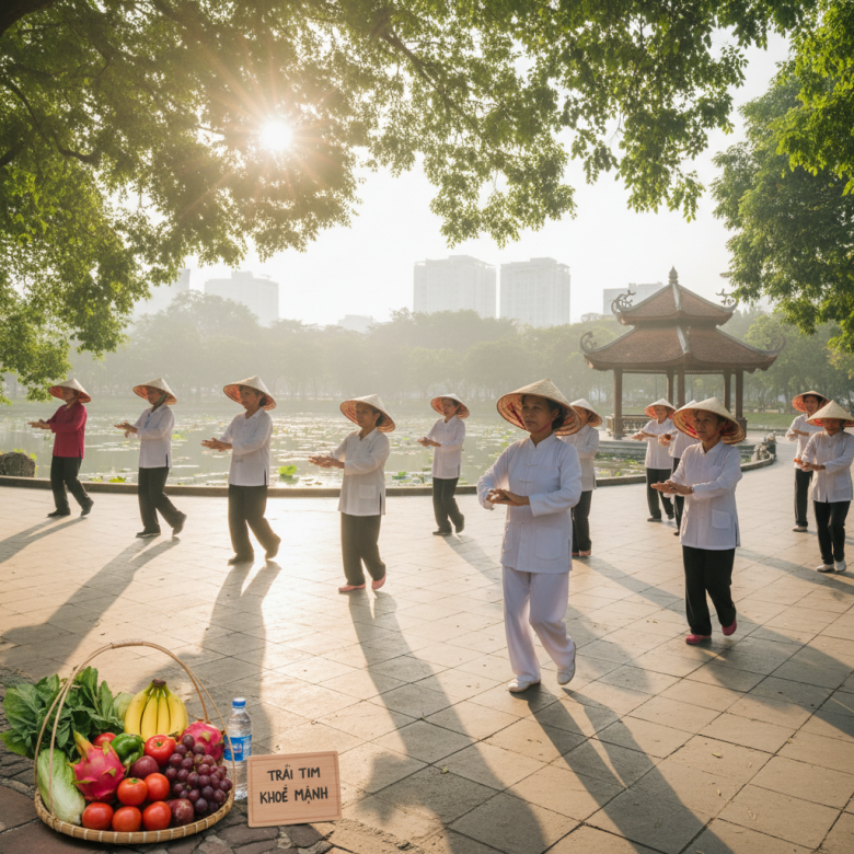 Người cao tuổi tập thể dục nhẹ nhàng ngoài trời và thực phẩm lành mạnh
