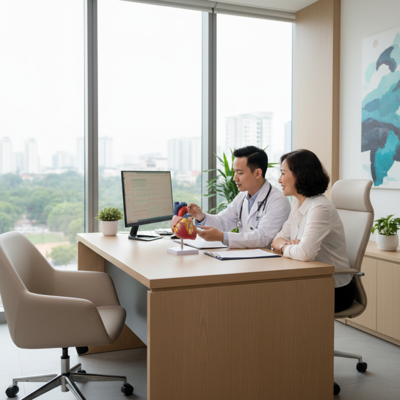 Bác sĩ tim mạch đang tư vấn cho bệnh nhân, chỉ vào mô hình trái tim, không khí thân thiện và trấn an