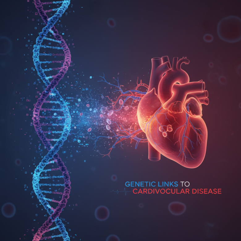 Cấu trúc DNA kết hợp hình ảnh trái tim, minh họa mối liên hệ giữa di truyền và bệnh tim mạch, phong cách y khoa hiện đại, màu xanh dương và đỏ chủ đạo