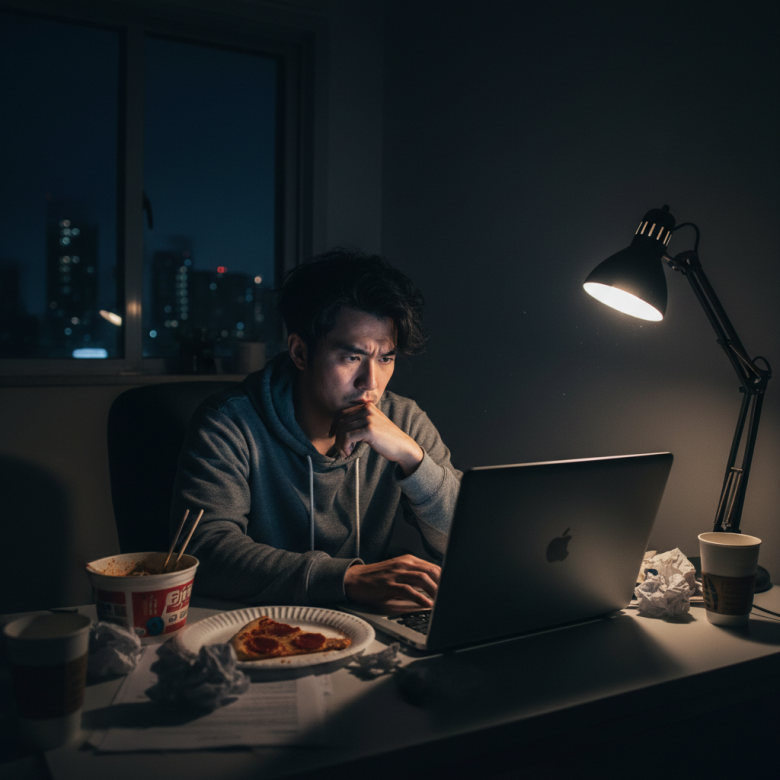 Một người trẻ tuổi đang làm việc muộn trên máy tính với đồ ăn nhanh không lành mạnh như mì gói hoặc pizza bên cạnh, thể hiện lối sống bận rộn và thói quen ăn khuya.