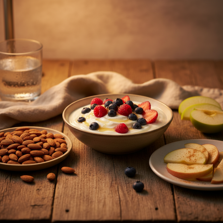 Bàn ăn với các lựa chọn đồ ăn nhẹ lành mạnh vào ban đêm như sữa chua, các loại hạt và trái cây, thay thế cho đồ ăn nhiều dầu mỡ.