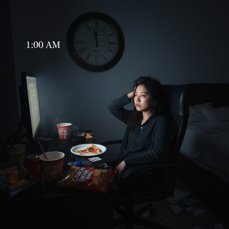Một người phụ nữ mệt mỏi ngồi trước máy tính vào ban đêm, xung quanh là đồ ăn nhanh và đồng hồ chỉ 1 giờ sáng, thể hiện sự căng thẳng và thói quen ăn uống kém lành mạnh.