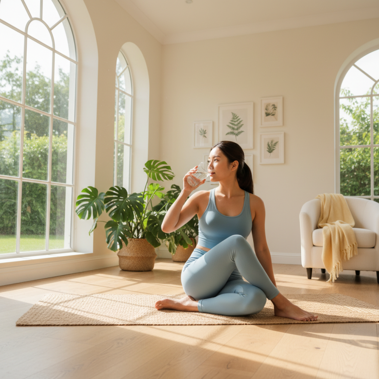 Người phụ nữ trẻ năng động đang uống nước và tập yoga nhẹ nhàng dưới ánh nắng buổi sáng, thể hiện lối sống lành mạnh để cải thiện huyết áp.