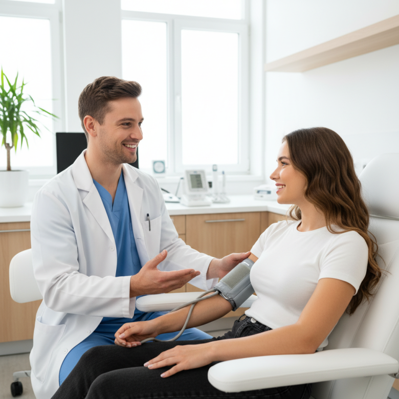Bác sĩ tim mạch đang đo huyết áp và tư vấn ân cần cho một bệnh nhân trẻ tuổi tại phòng khám hiện đại