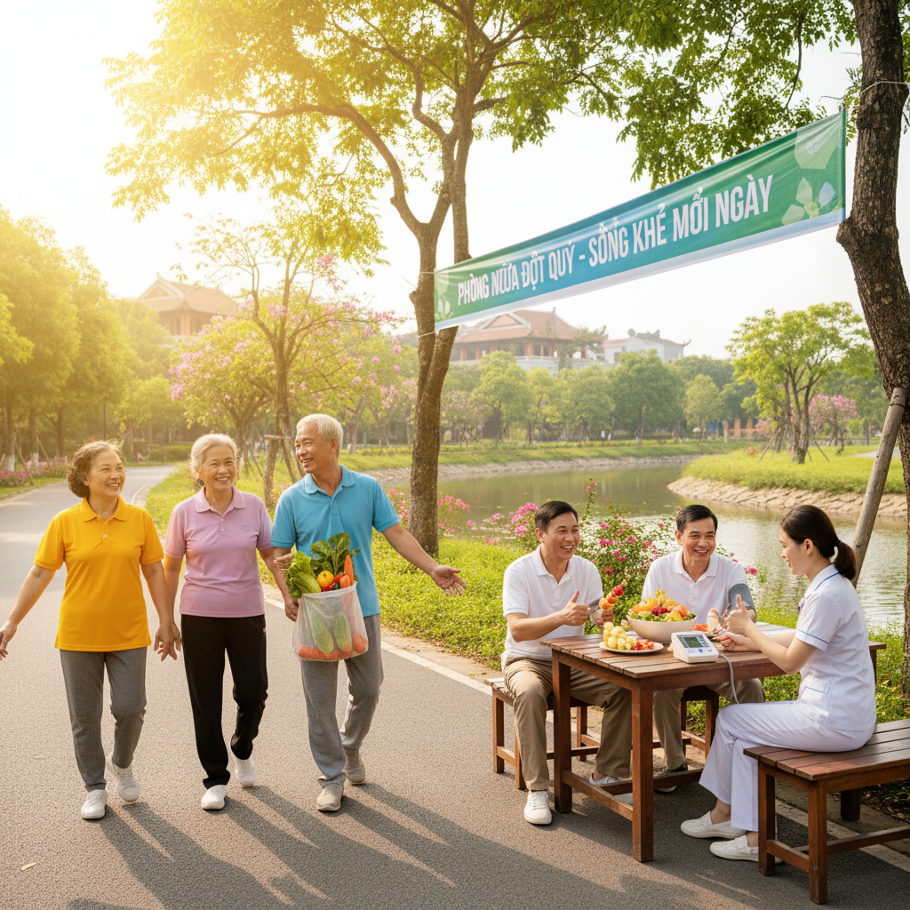 Hình ảnh nhóm người Việt Nam thực hiện lối sống lành mạnh để phòng ngừa đột quỵ