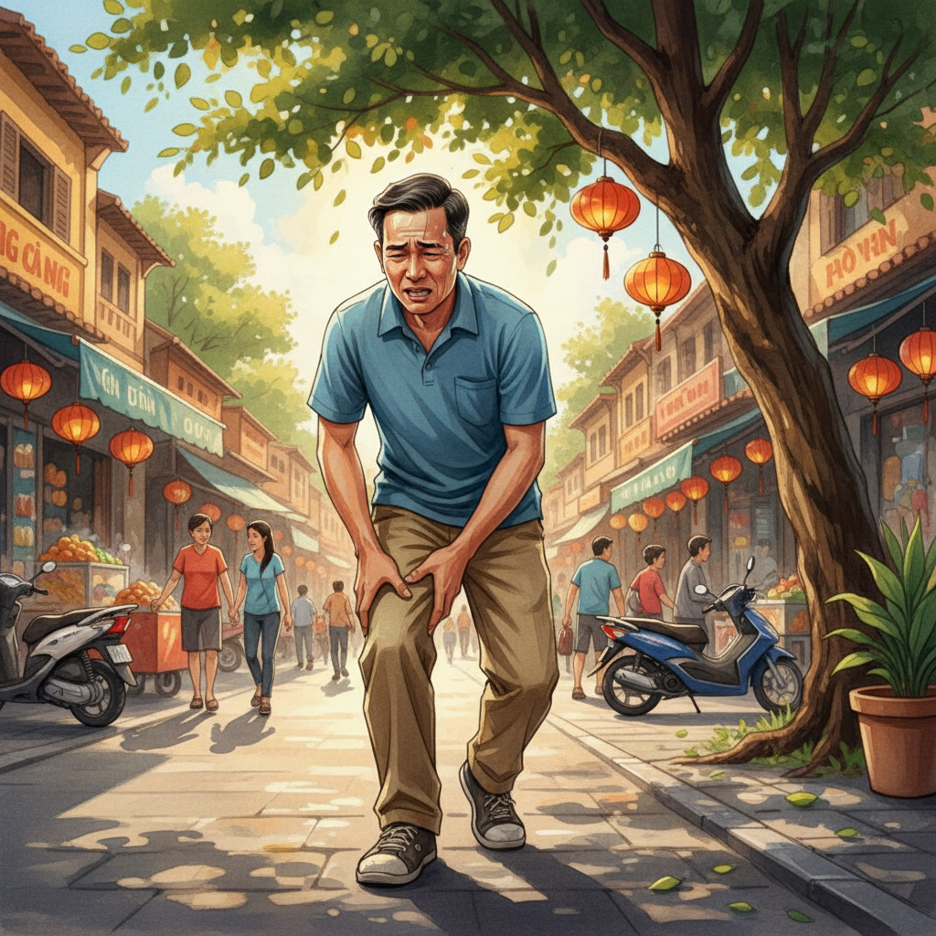 Hình ảnh minh họa một người đàn ông trung niên Việt Nam đau bắp chân khi đi bộ trên đường phố.