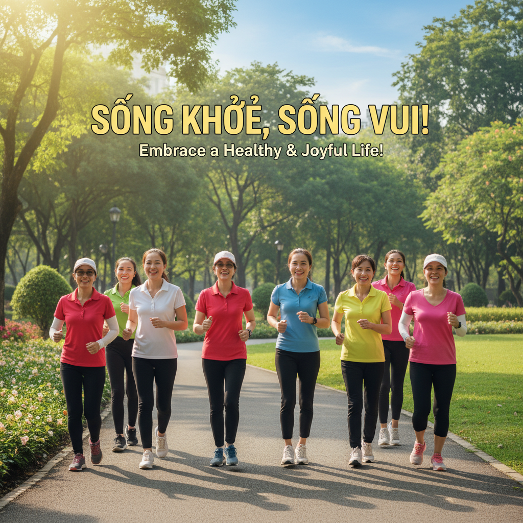 Hình ảnh nhóm người lớn Việt Nam đi bộ tập thể dục trong công viên, khuyến khích lối sống lành mạnh.